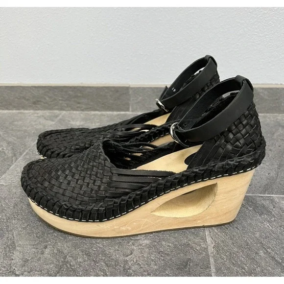 Free People Black Teagan Huarache Wood Wedge Woven Shoes Size 41 US 10 - Picture 3 of 8